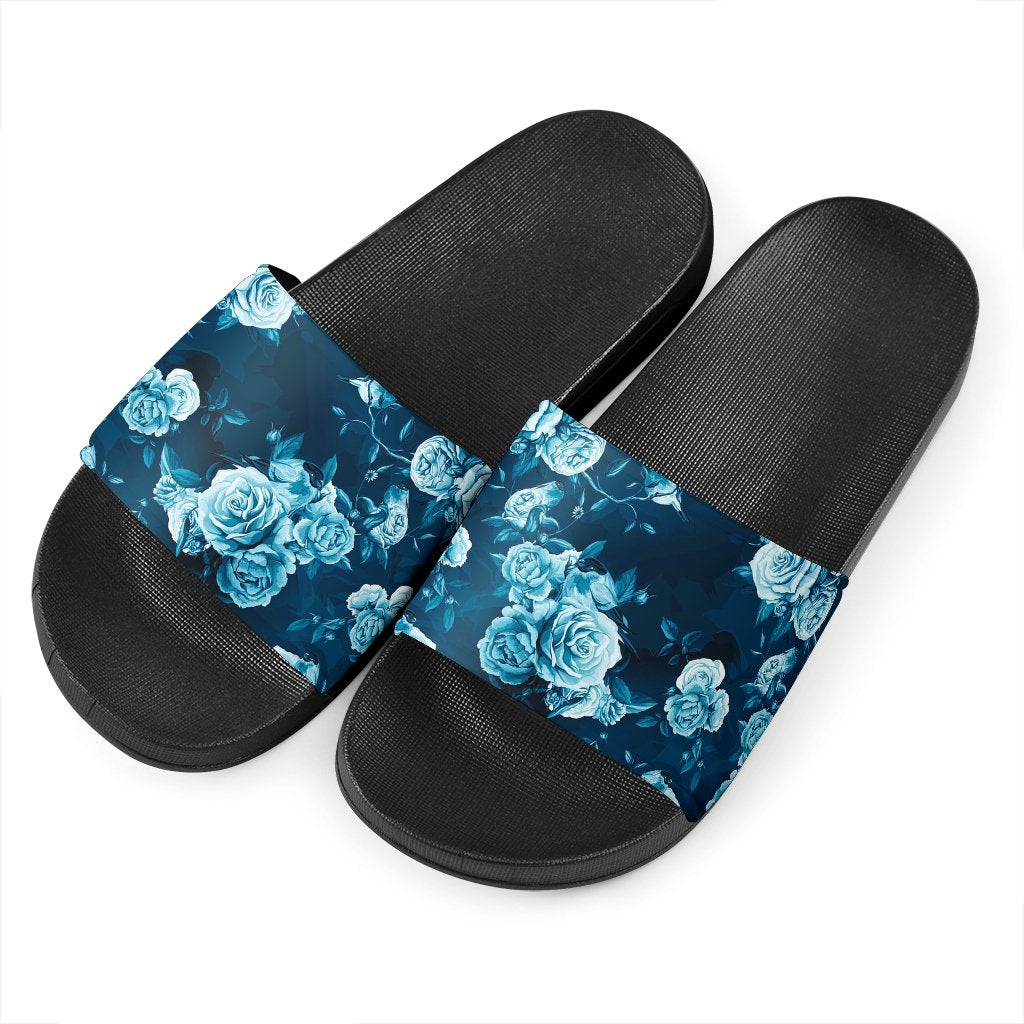 Blue Rose Floral Flower Pattern Print Black Slide Sandals