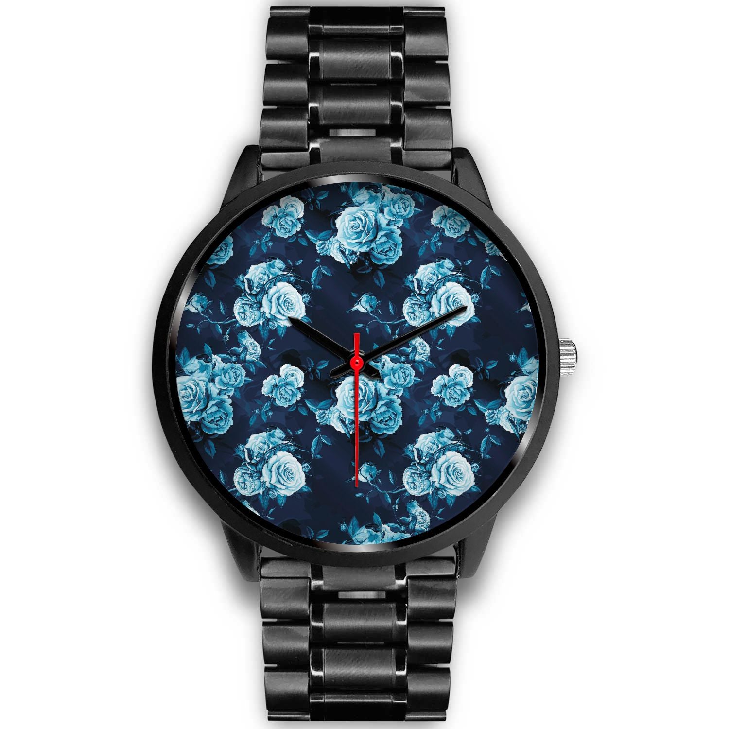 Blue Rose Floral Flower Pattern Print Black Watch