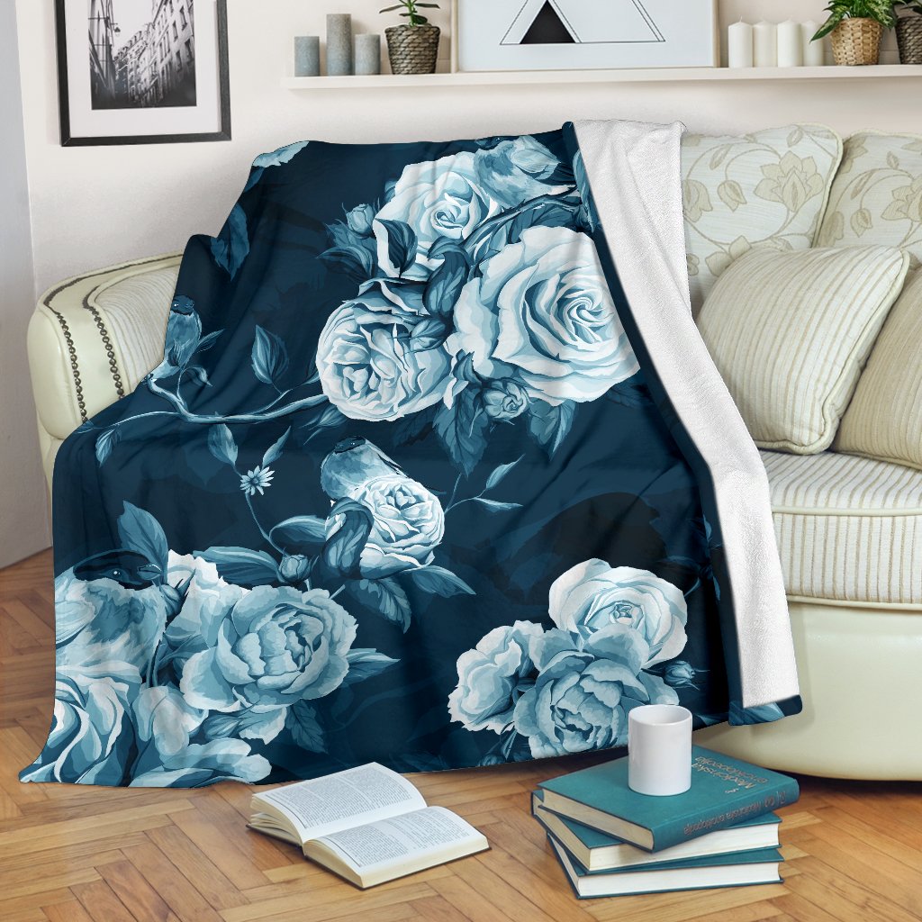 Blue Rose Floral Flower Pattern Print Blanket