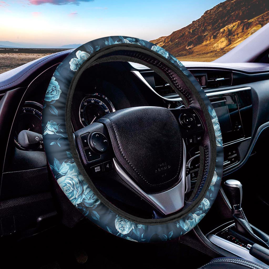 Blue Rose Floral Flower Pattern Print Car Steering Wheel Cover