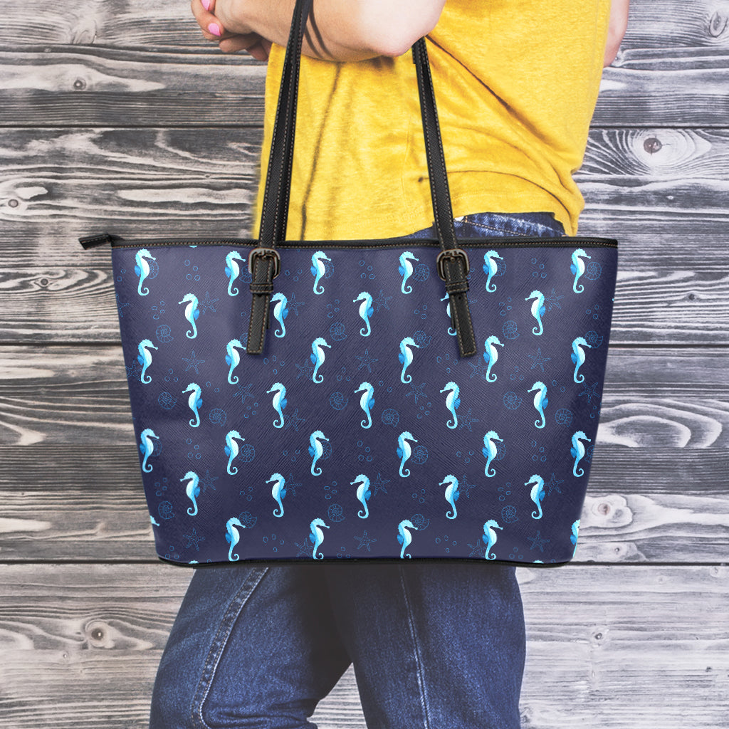 Blue Seahorse Pattern Print Leather Tote Bag