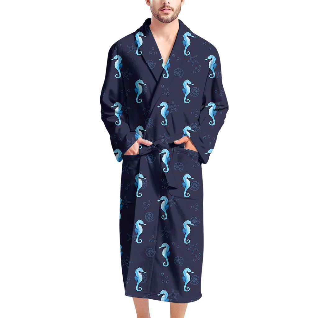 Blue Seahorse Pattern Print Men's Bathrobe