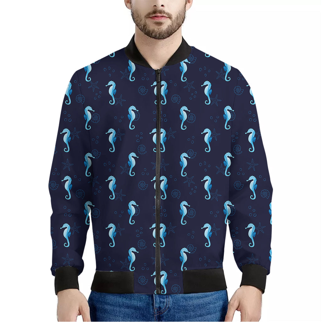 Blue Seahorse Pattern Print Men's Bomber Jacket