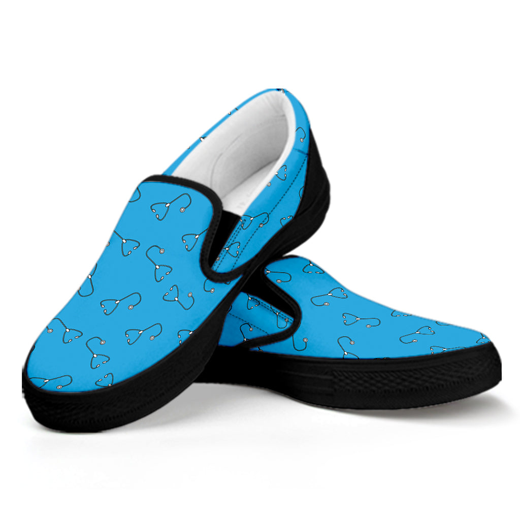 Blue Stethoscope Pattern Print Black Slip On Shoes