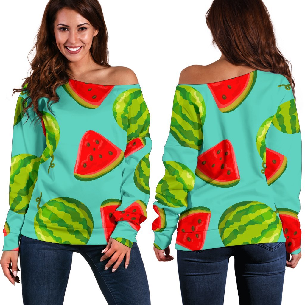 Blue Summer Watermelon Pattern Print Women's Off-Shoulder Sweatshirt