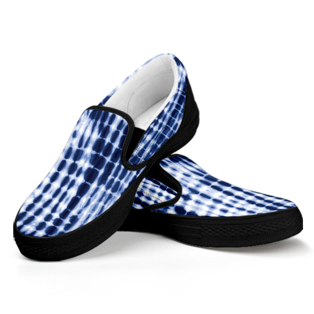 Blue Tie Dye Shibori Print Black Slip On Shoes