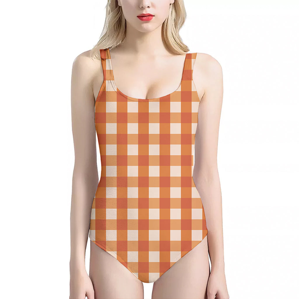 Burnt Orange And White Check Print One Piece Halter Neck Swimsuit