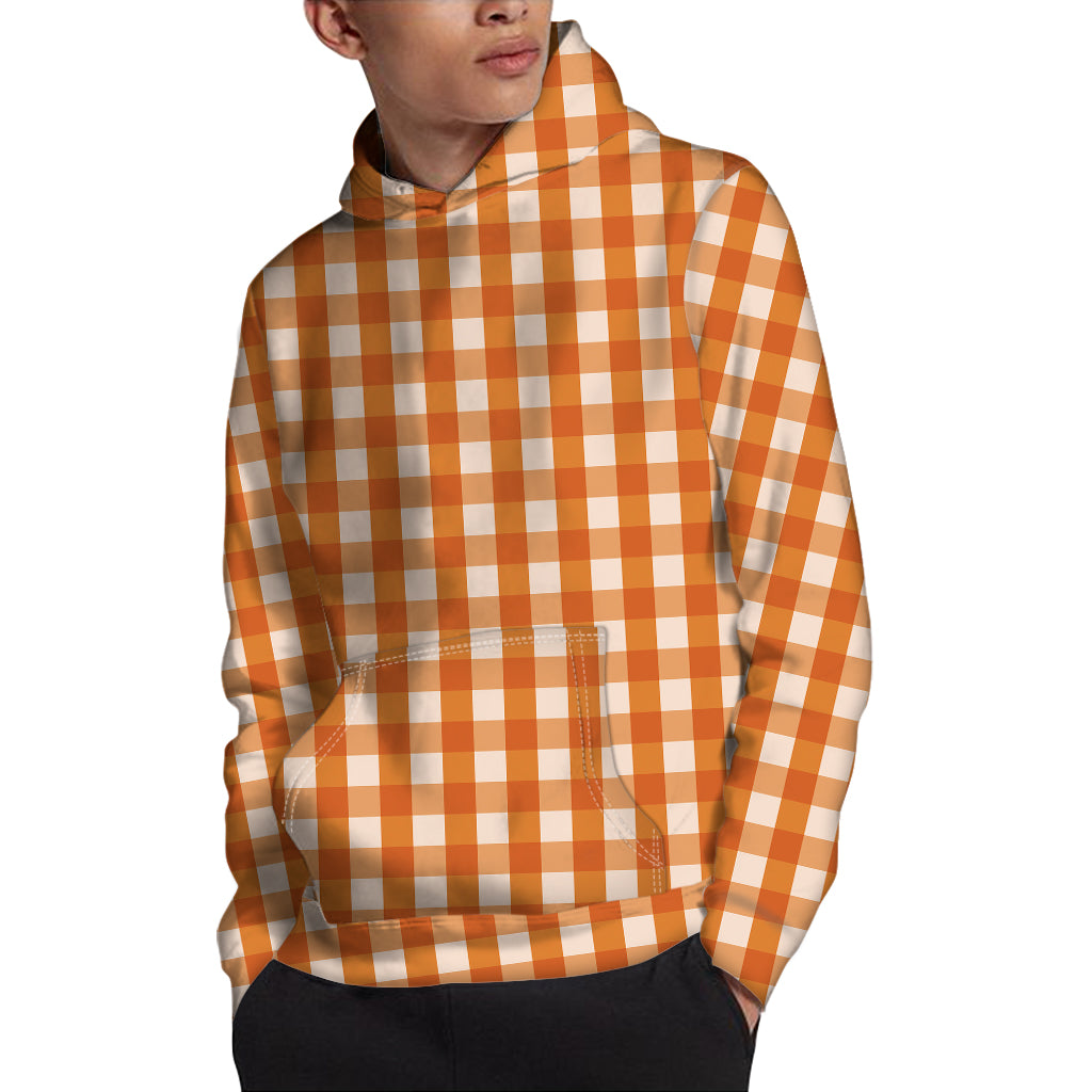 Burnt Orange And White Check Print Pullover Hoodie