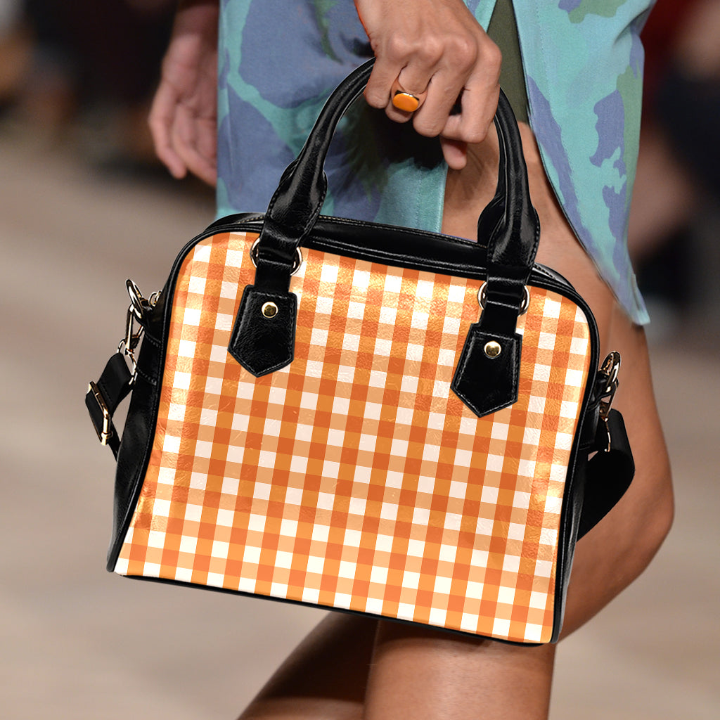Burnt Orange And White Check Print Shoulder Handbag