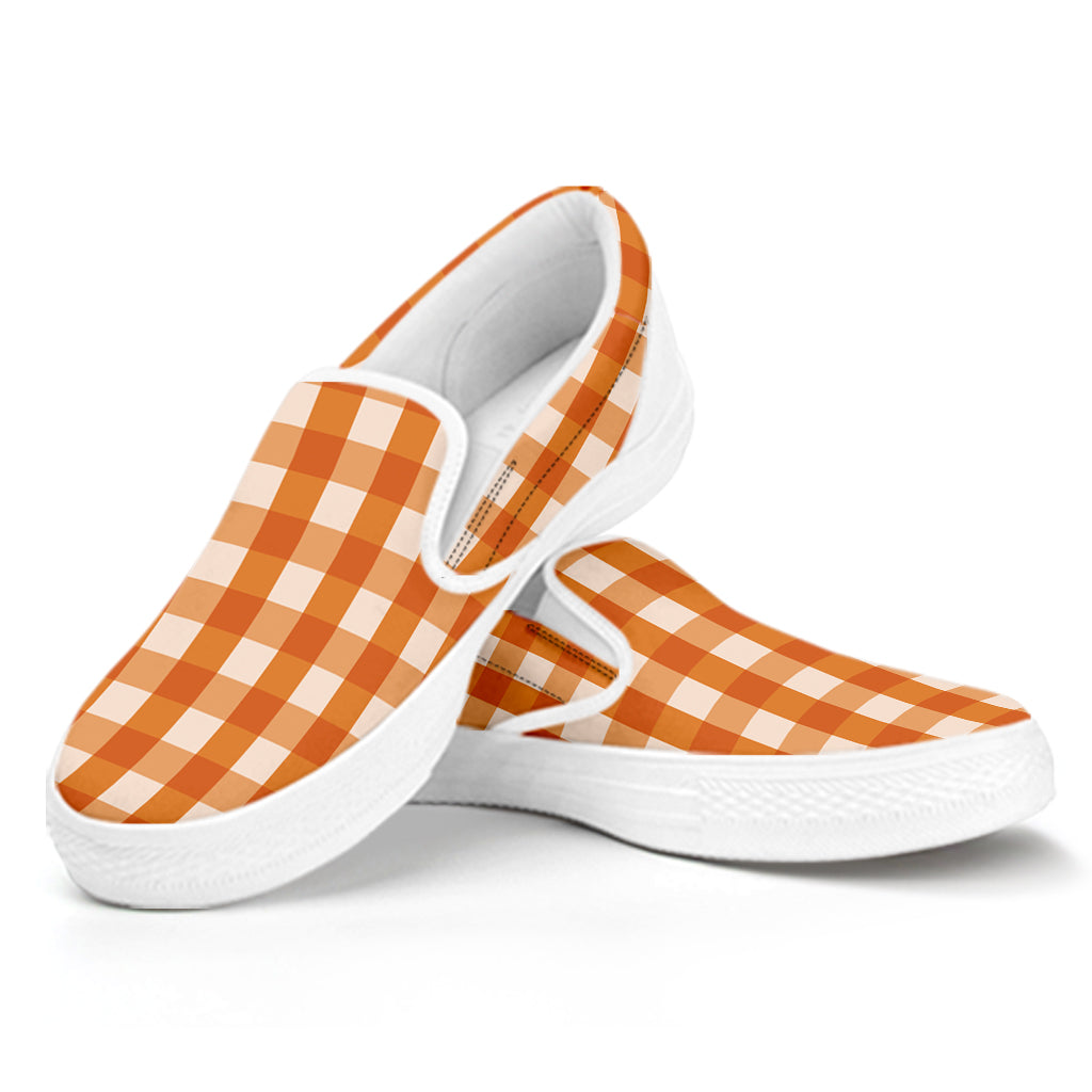 Burnt Orange And White Check Print White Slip On Shoes