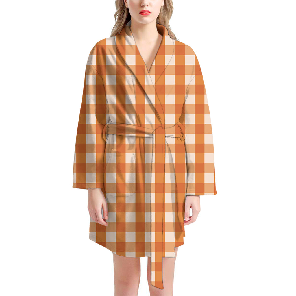 Burnt Orange And White Check Print Women's Bathrobe