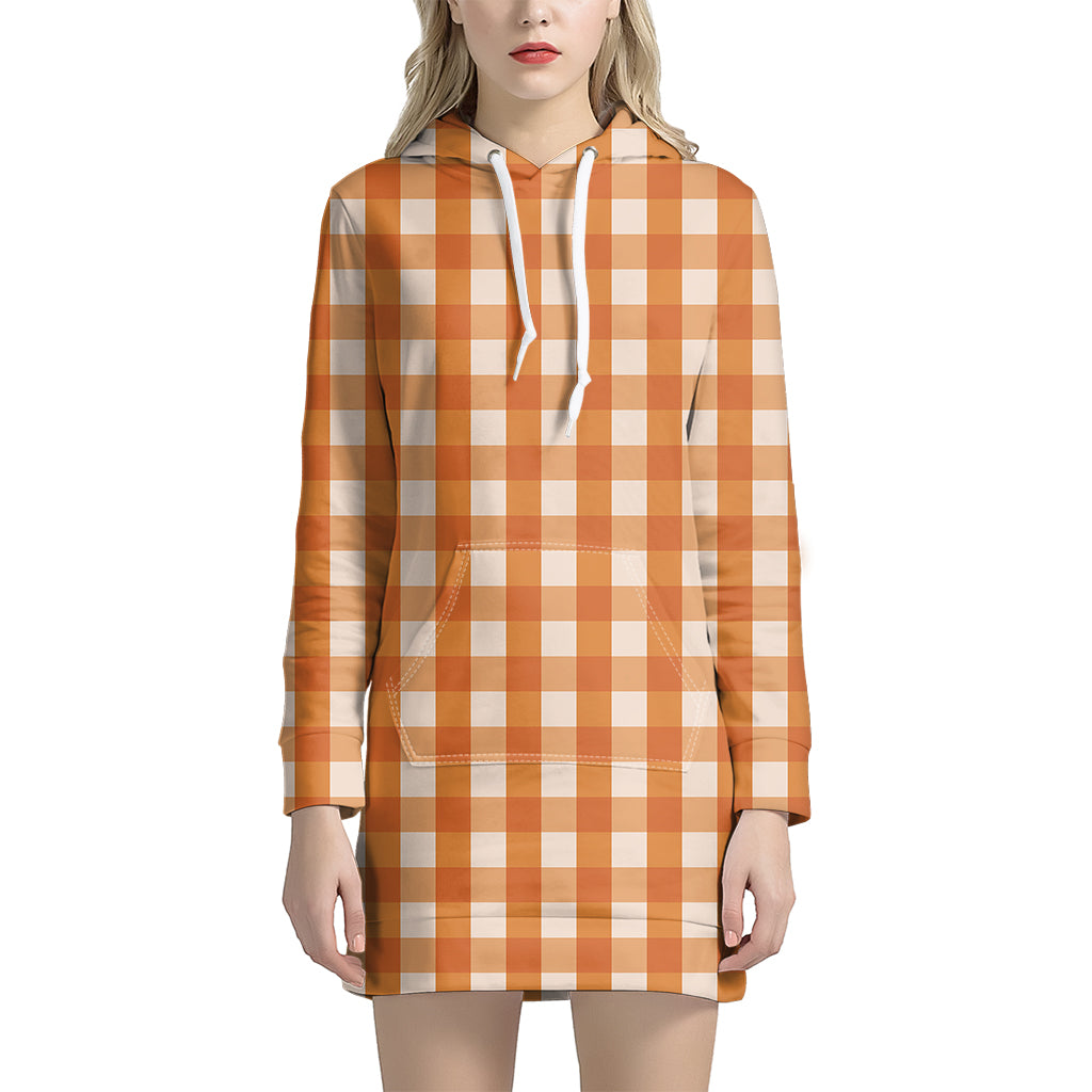 Burnt Orange And White Check Print Women's Pullover Hoodie Dress