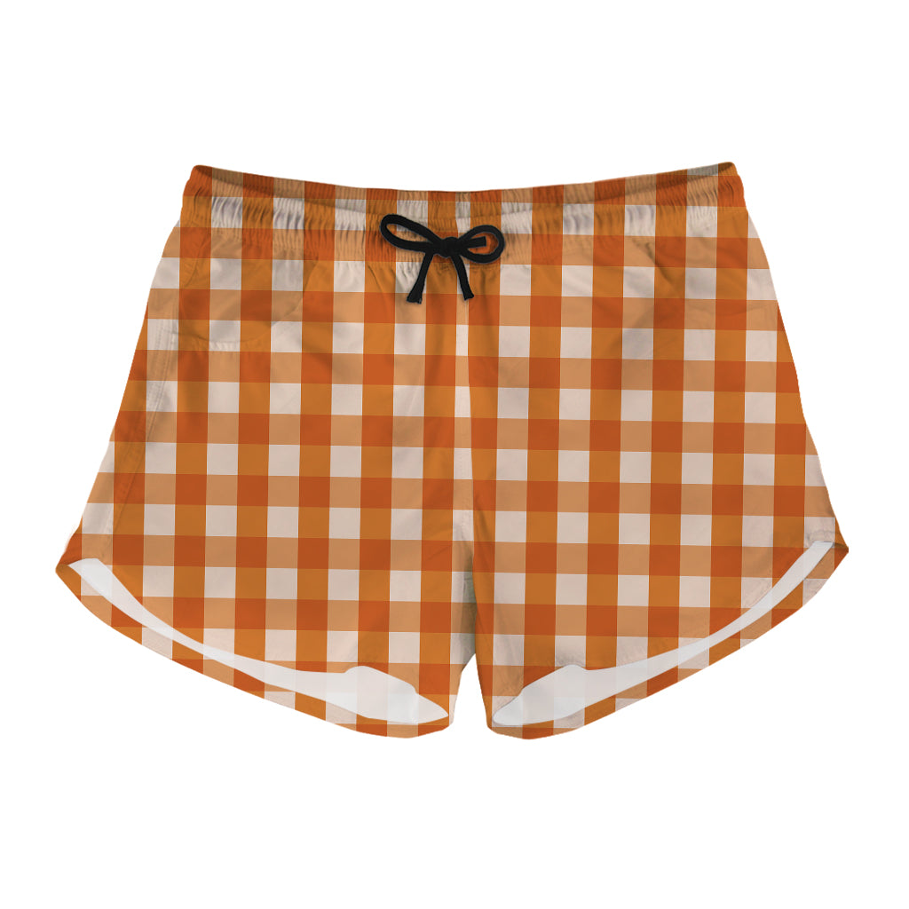 Burnt Orange And White Check Print Women's Shorts
