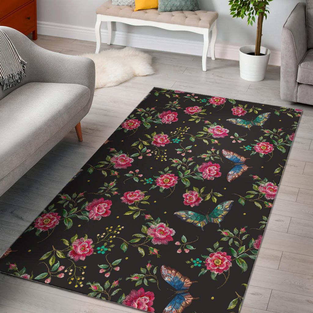 Butterfly And Flower Pattern Print Area Rug