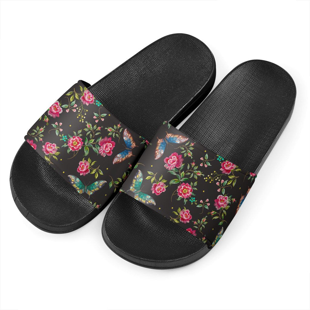 Butterfly And Flower Pattern Print Black Slide Sandals