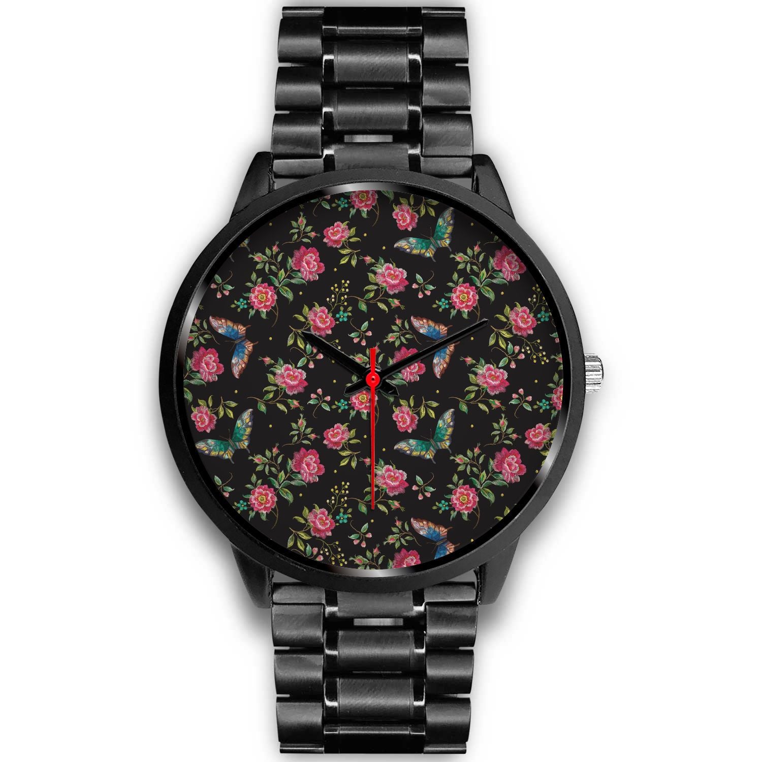 Butterfly And Flower Pattern Print Black Watch