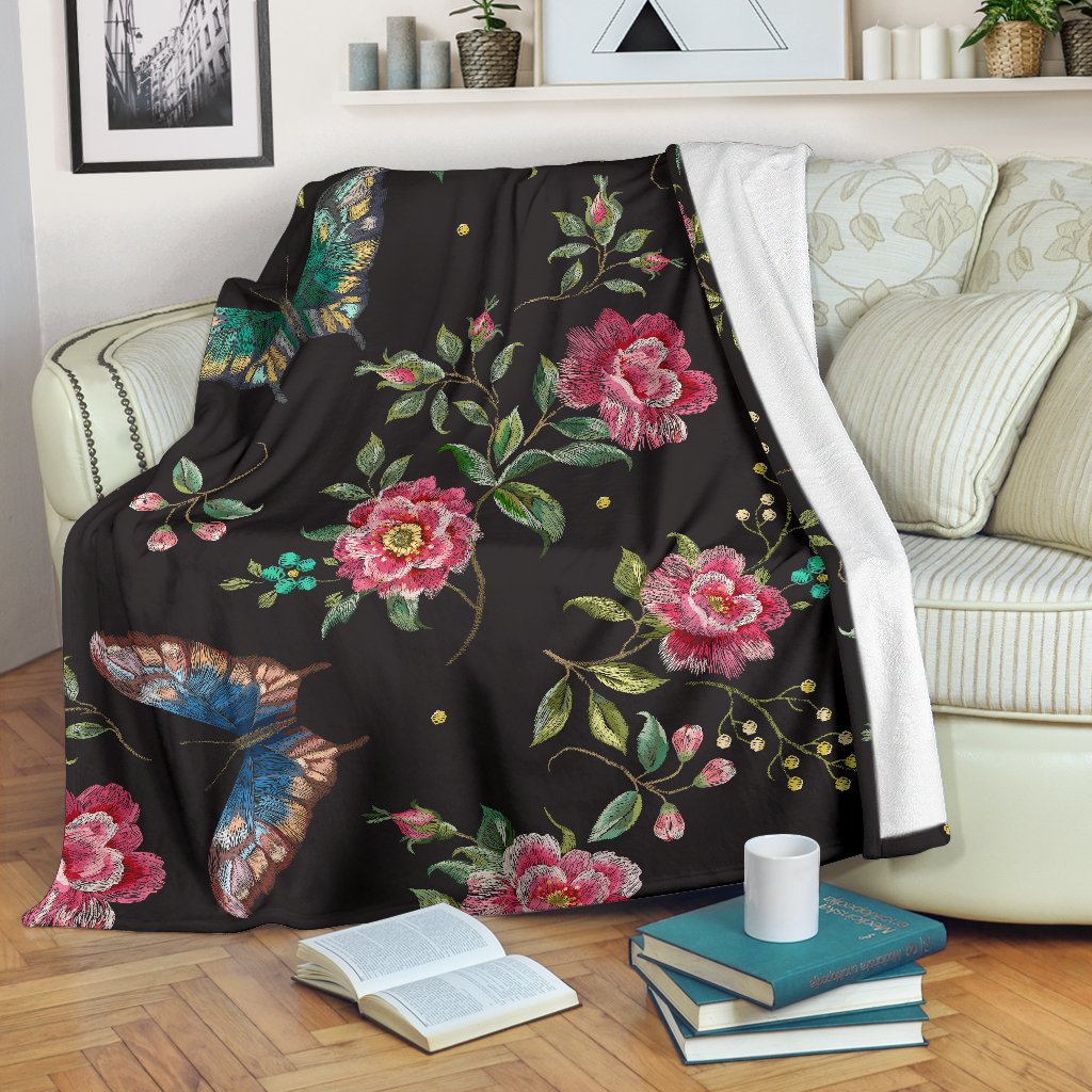 Butterfly And Flower Pattern Print Blanket