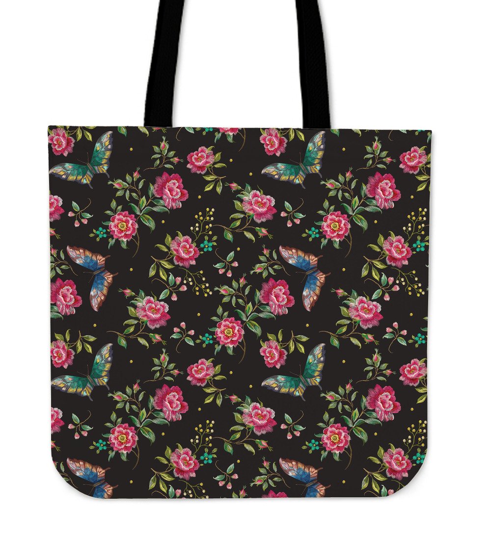 Butterfly And Flower Pattern Print Canvas Tote Bag