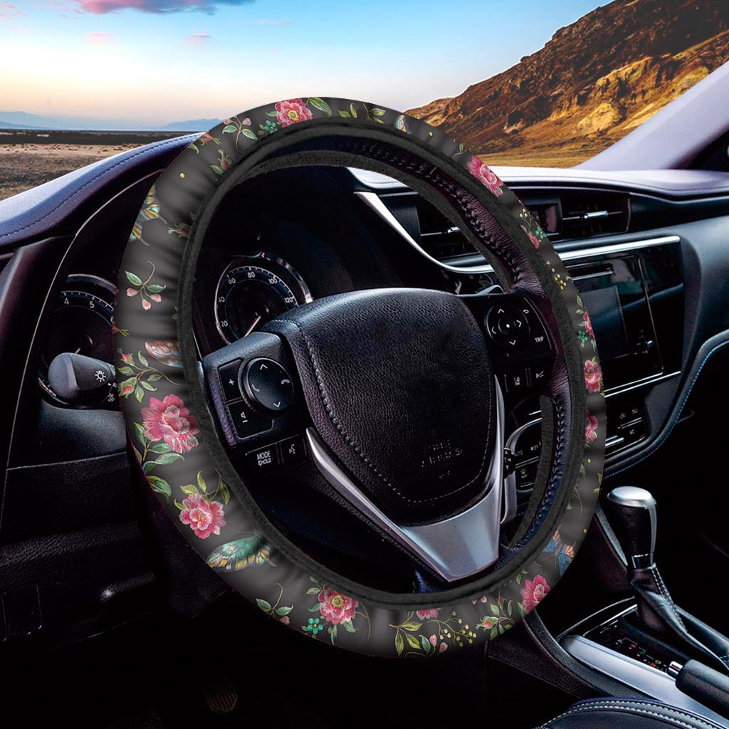 Butterfly And Flower Pattern Print Car Steering Wheel Cover