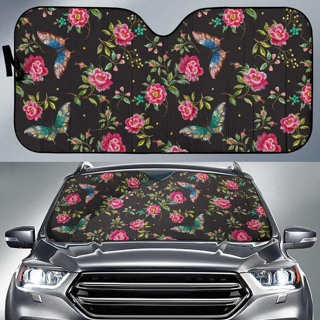 Butterfly And Flower Pattern Print Car Sun Shade
