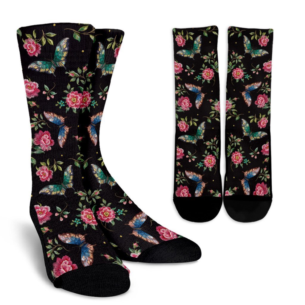 Butterfly And Flower Pattern Print Crew Socks
