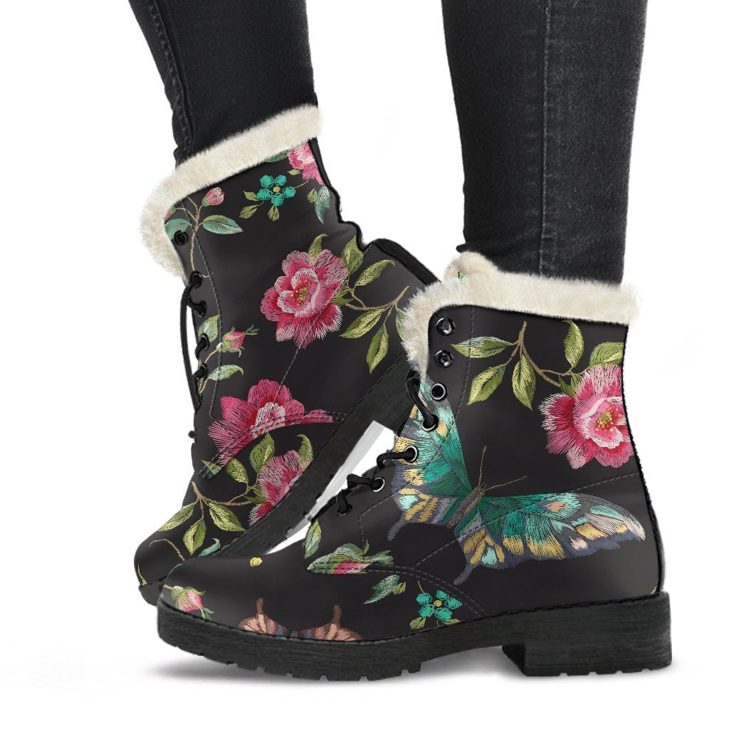 Butterfly And Flower Pattern Print Faux Fur Leather Boots
