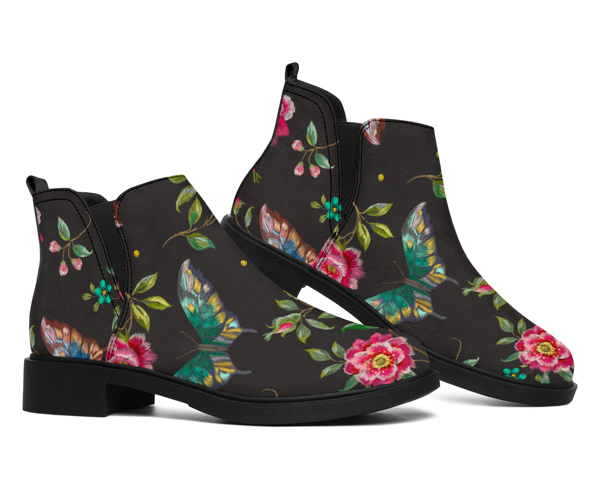 Butterfly And Flower Pattern Print Flat Ankle Boots