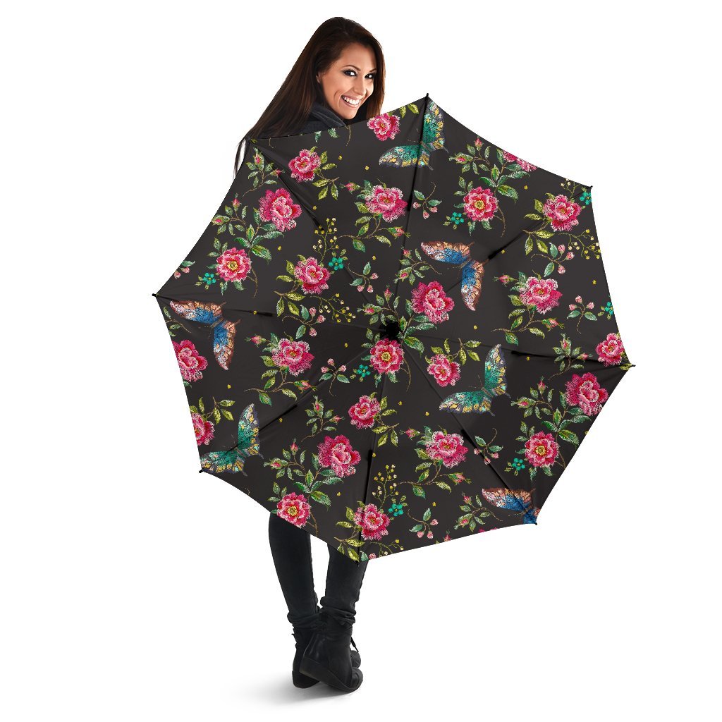 Butterfly And Flower Pattern Print Foldable Umbrella