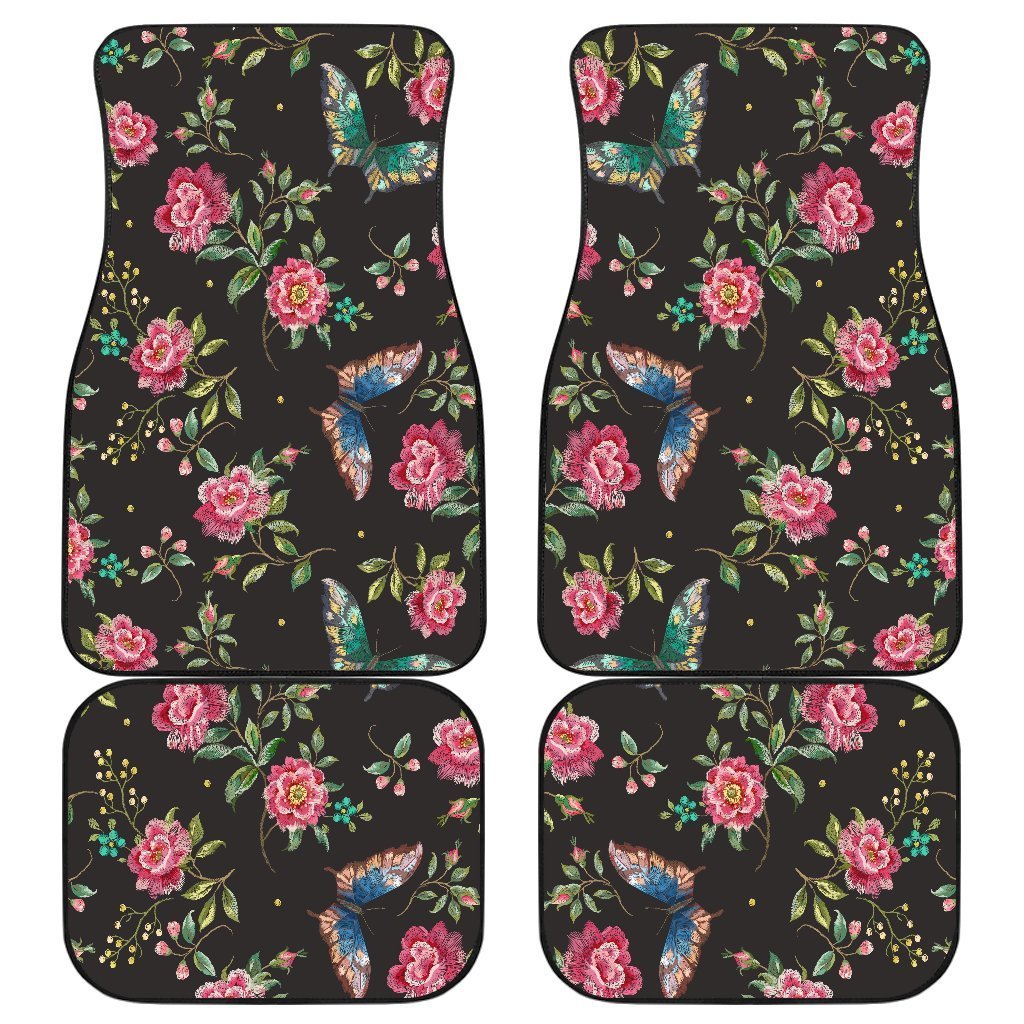 Butterfly And Flower Pattern Print Front and Back Car Floor Mats