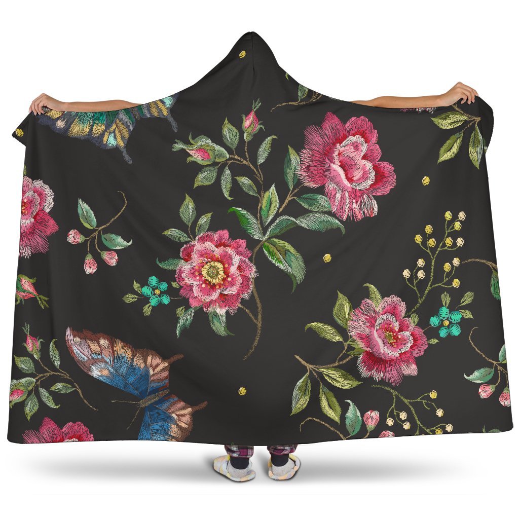 Butterfly And Flower Pattern Print Hooded Blanket