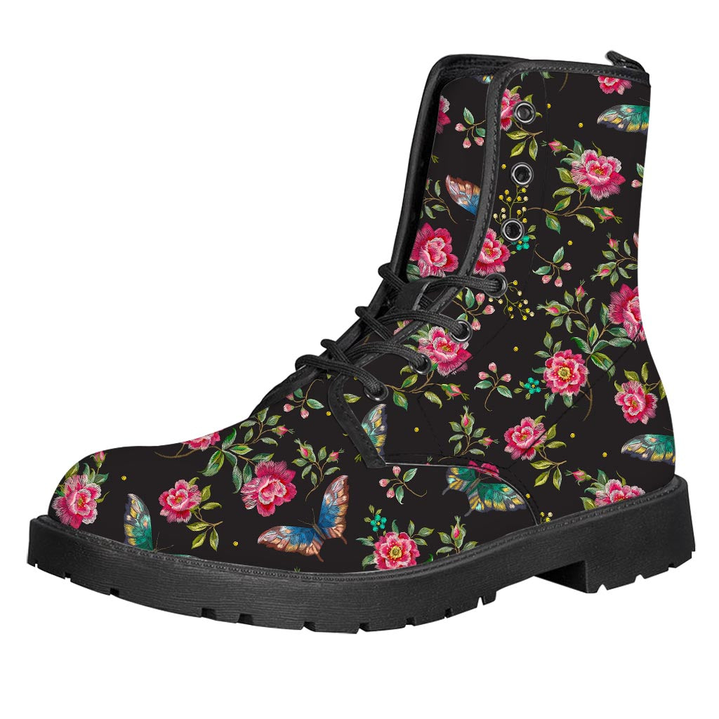 Butterfly And Flower Pattern Print Leather Boots