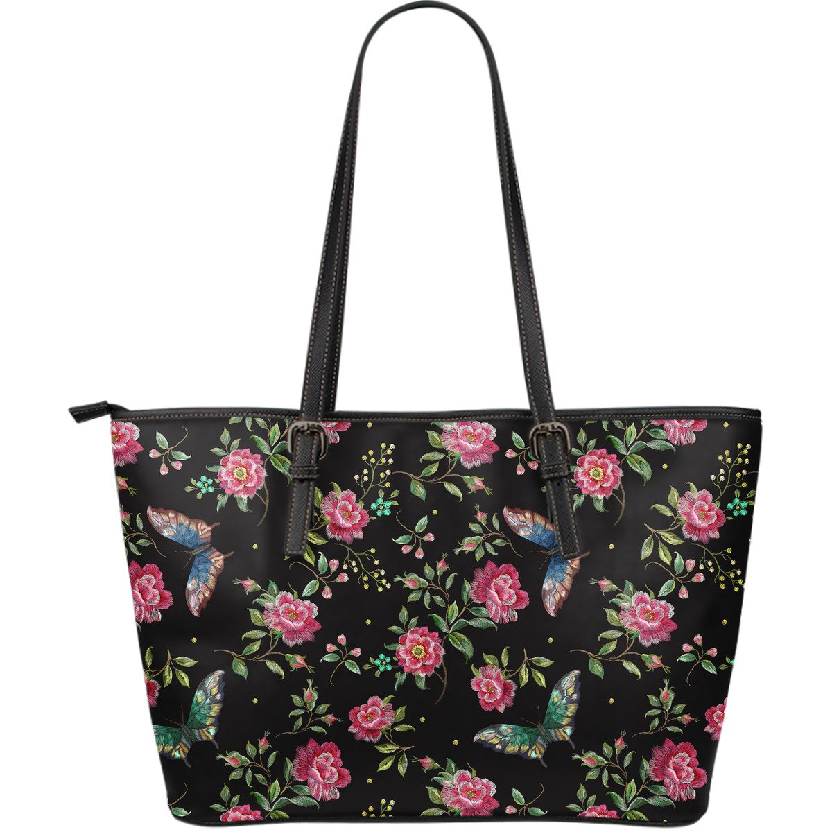 Butterfly And Flower Pattern Print Leather Tote Bag
