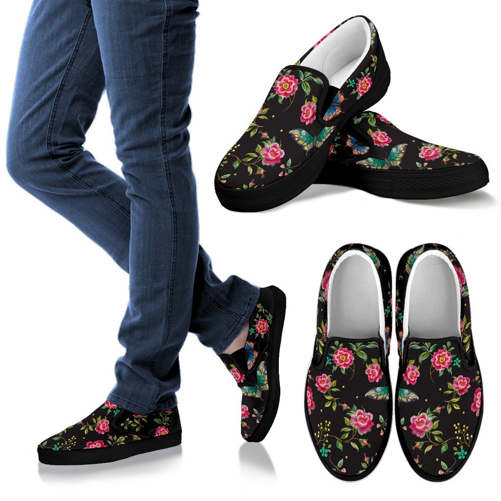 Butterfly And Flower Pattern Print Men's Slip On Shoes