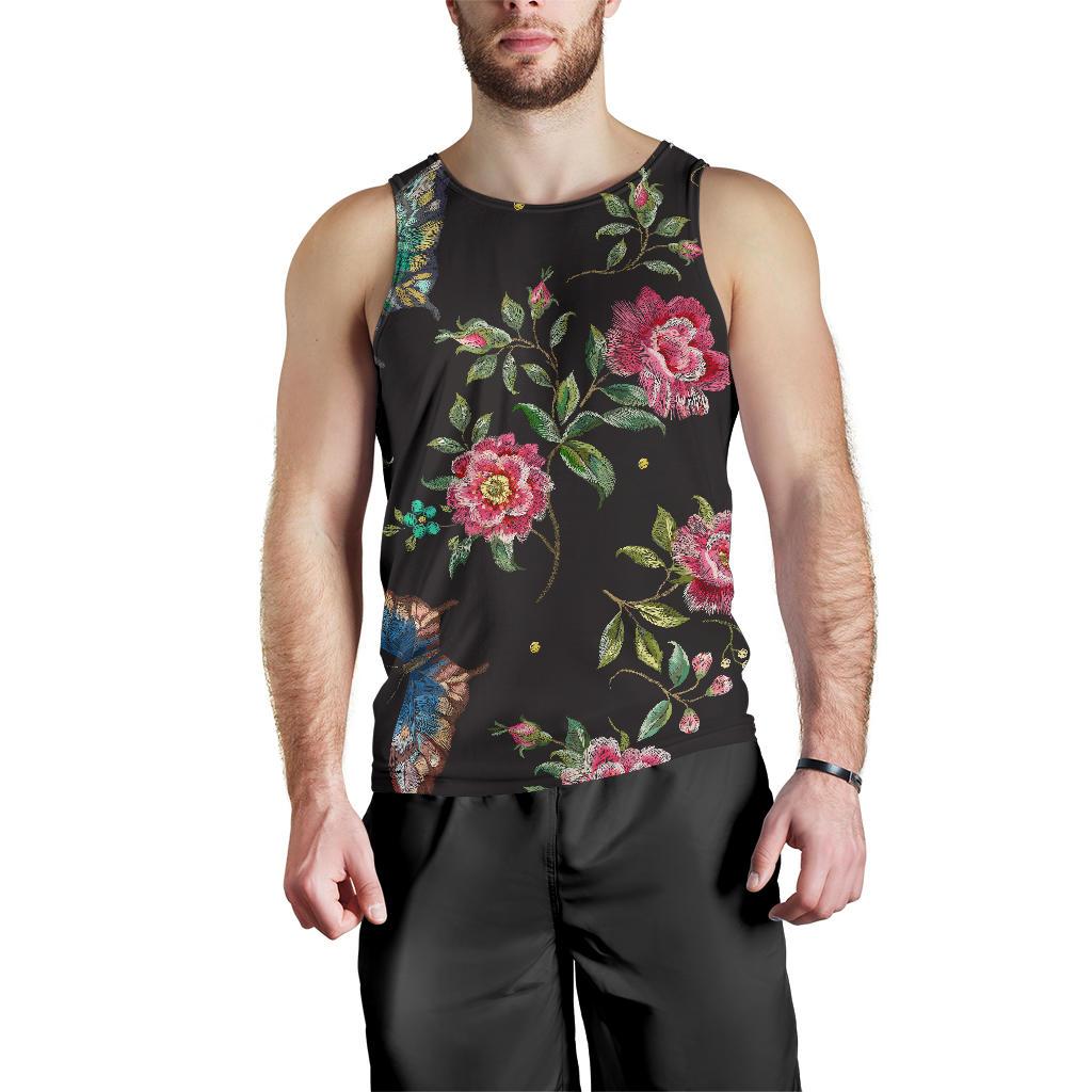 Butterfly And Flower Pattern Print Men's Tank Top