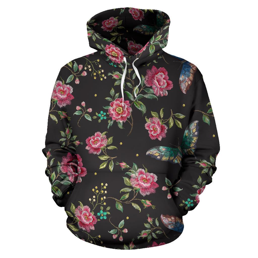 Butterfly And Flower Pattern Print Pullover Hoodie