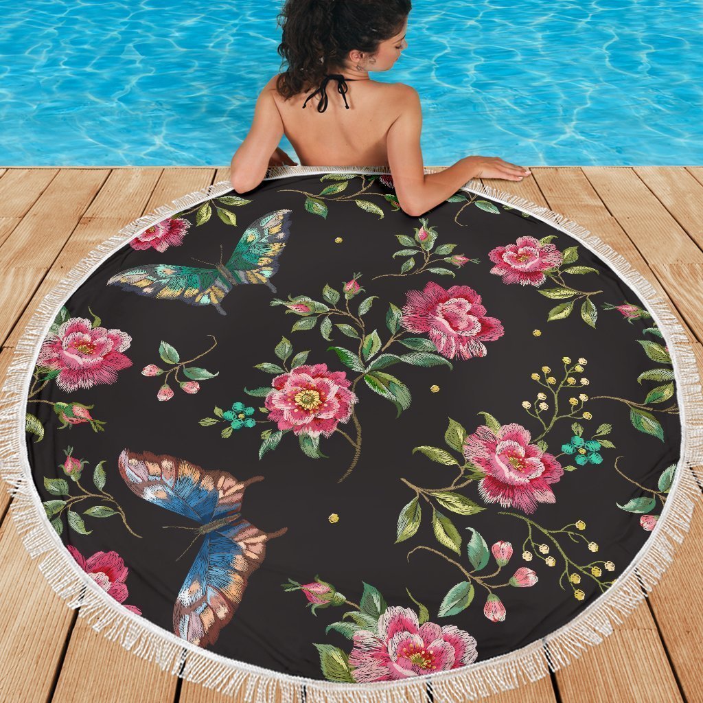 Butterfly And Flower Pattern Print Round Beach Blanket