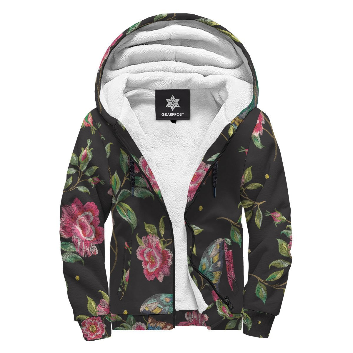 Butterfly And Flower Pattern Print Sherpa Lined Fleece Hoodie