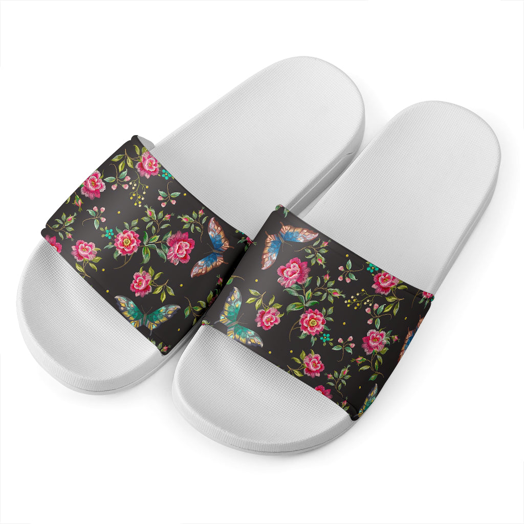 Butterfly And Flower Pattern Print White Slide Sandals