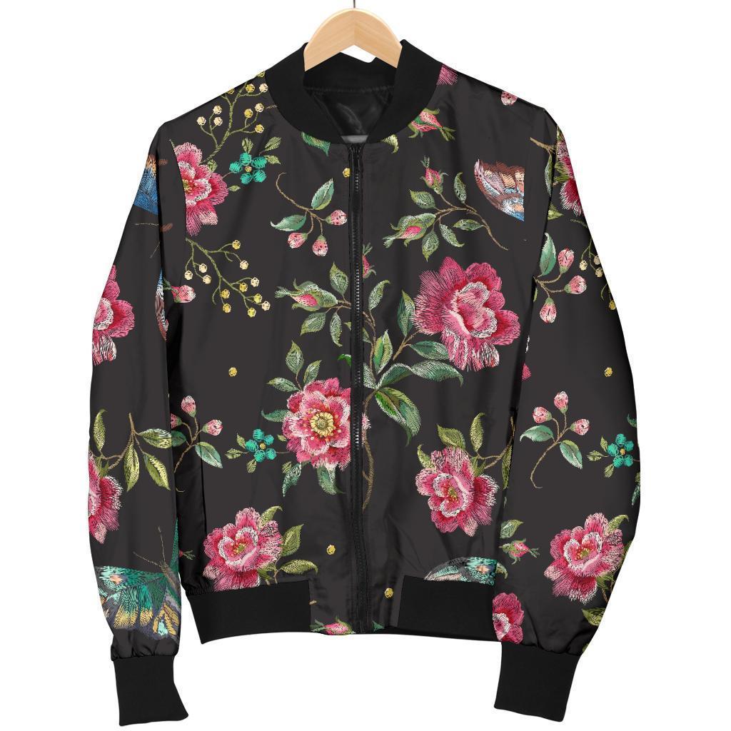 Butterfly And Flower Pattern Print Women's Bomber Jacket