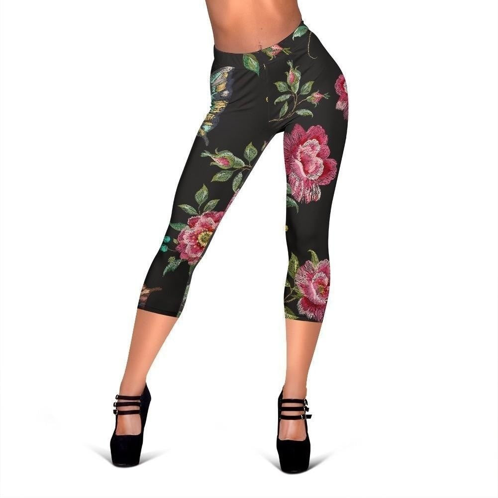 Butterfly And Flower Pattern Print Women's Capri Leggings