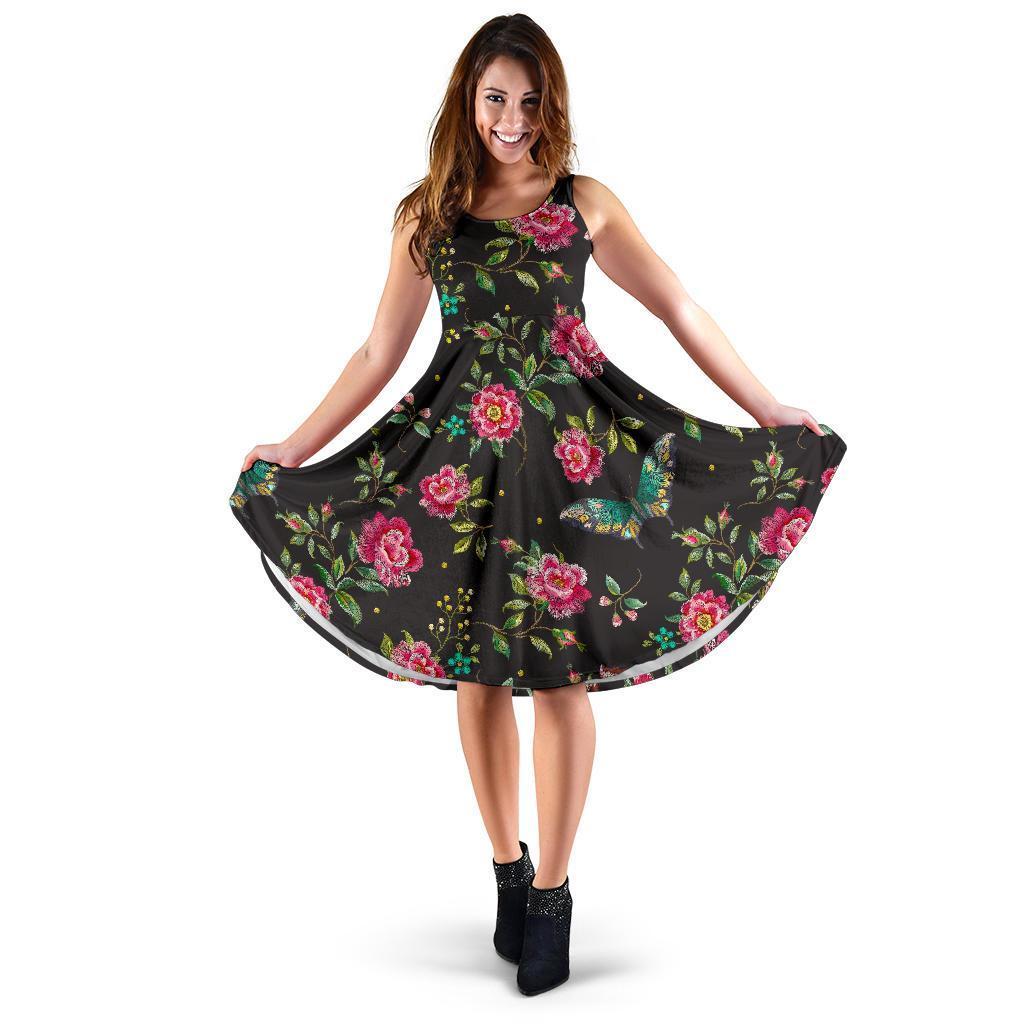 Butterfly And Flower Pattern Print Women's Dress