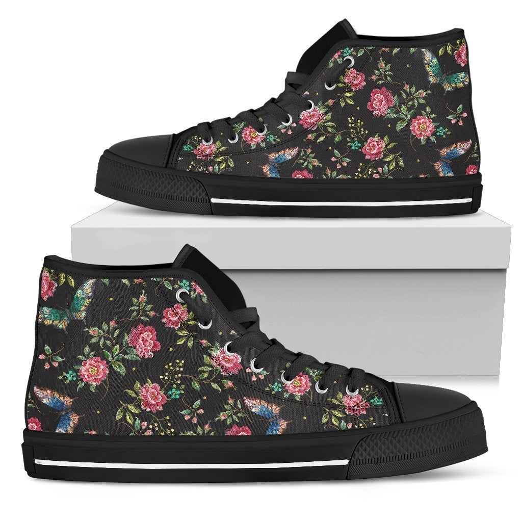 Butterfly And Flower Pattern Print Women's High Top Shoes