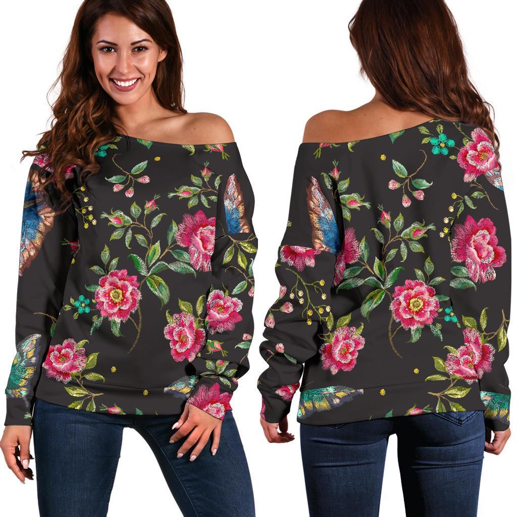 Butterfly And Flower Pattern Print Women's Off-Shoulder Sweatshirt