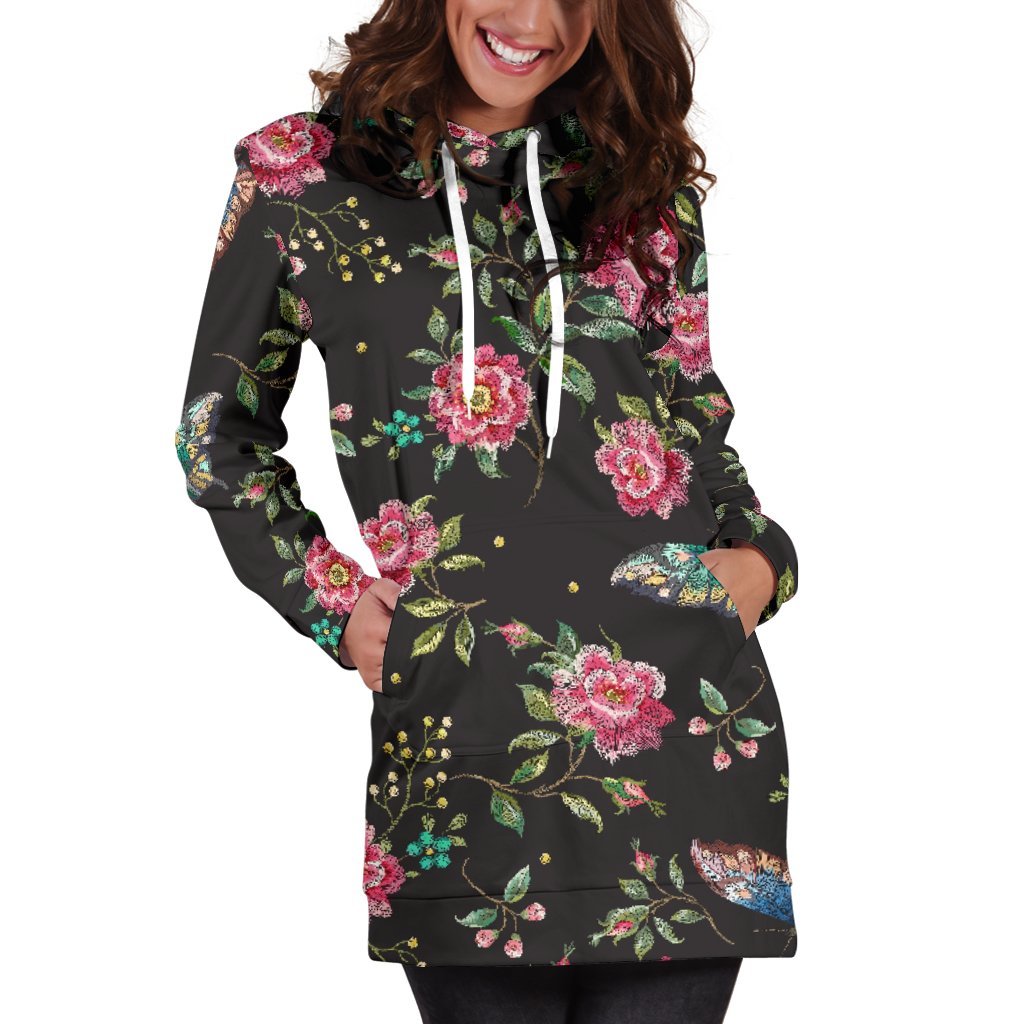 Butterfly And Flower Pattern Print Women's Pullover Hoodie Dress