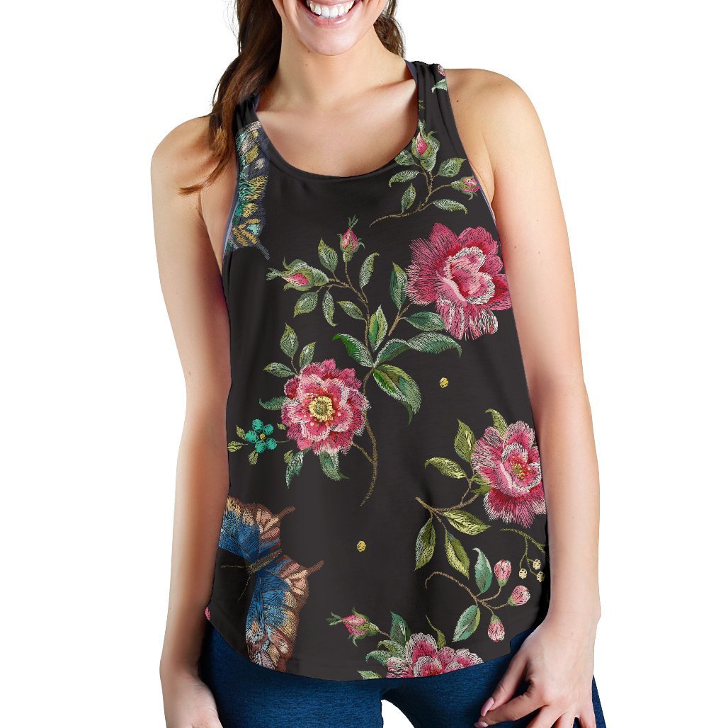 Butterfly And Flower Pattern Print Women's Racerback Tank Top