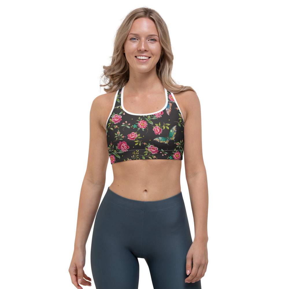 Butterfly And Flower Pattern Print Women's Sports Bra