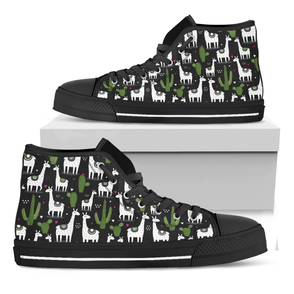 Cactus And Llama Pattern Print Black High Top Shoes