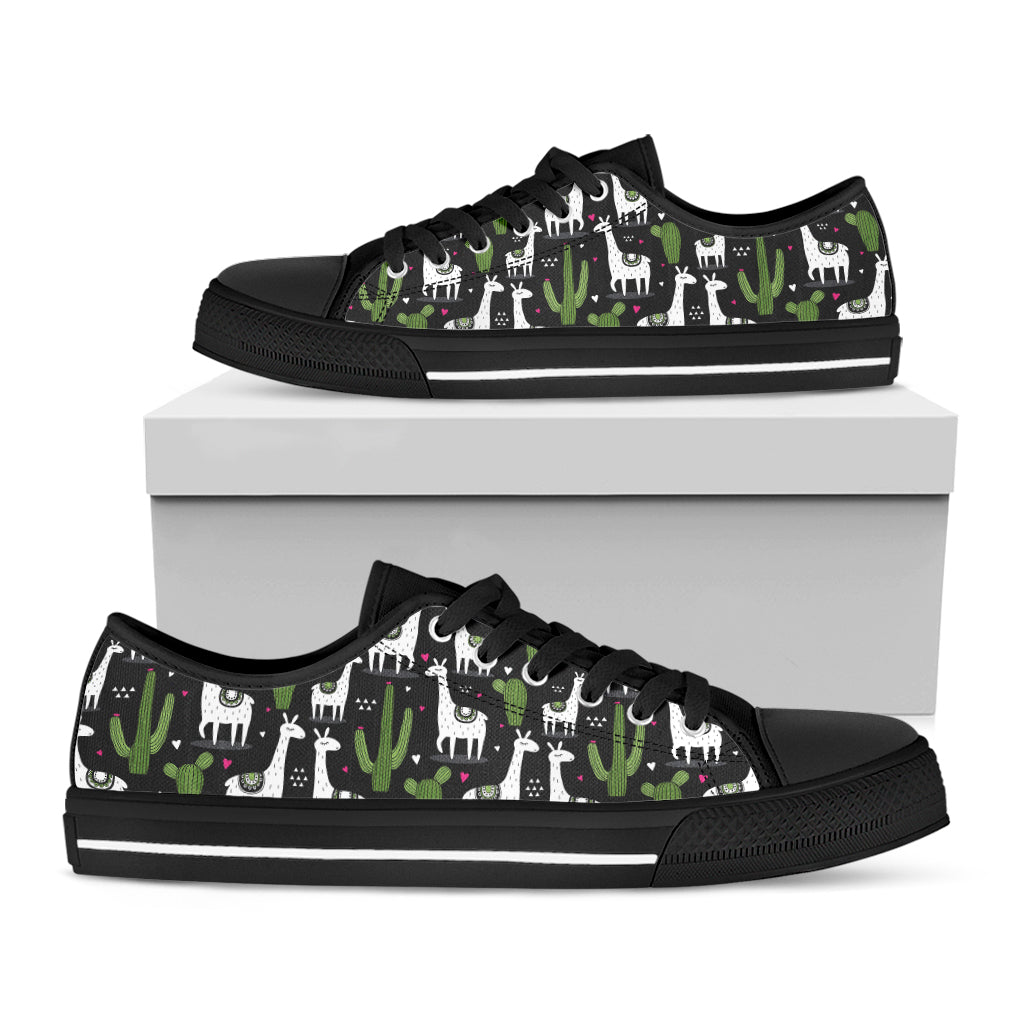 Cactus And Llama Pattern Print Black Low Top Shoes