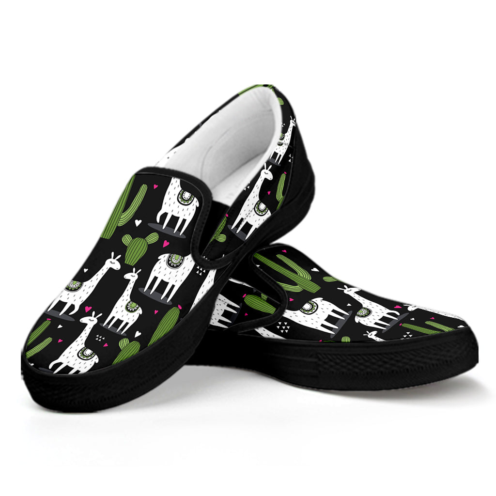 Cactus And Llama Pattern Print Black Slip On Shoes