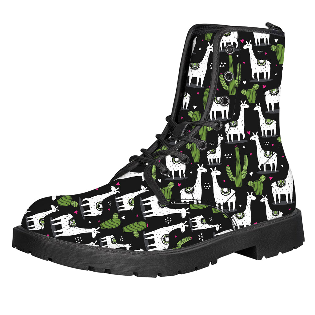 Cactus And Llama Pattern Print Leather Boots